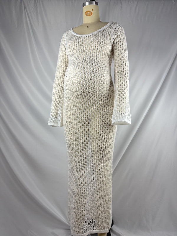 Mumsmode Zwangerchaps Midi Fotoshoot Jurken Breien Ronde Hals Wit
