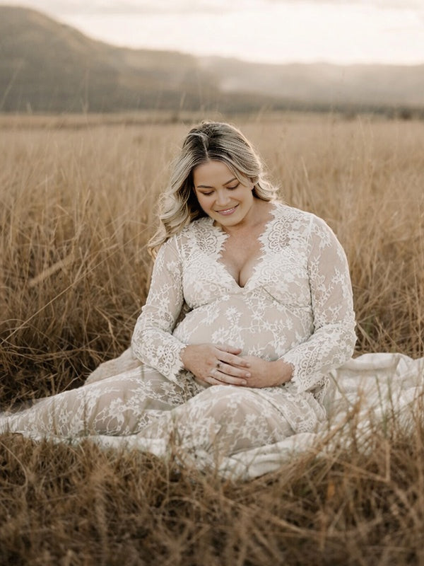 Mumsmode Zwangerschaps Kanten Maxi Jurk Elegante Boho Doorzichtige Borduursel Fotoshoot