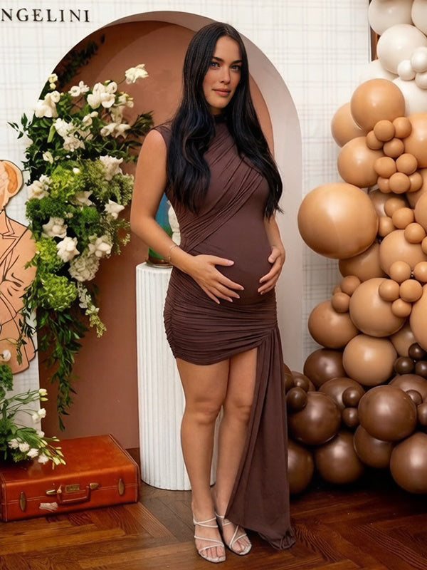 Mumsmode Chique Bruin Gekreukt Gedrapeerd Bodycon Onregelmatig Een Open Schouder Babyshower Zwangerschaps Mini Jurk