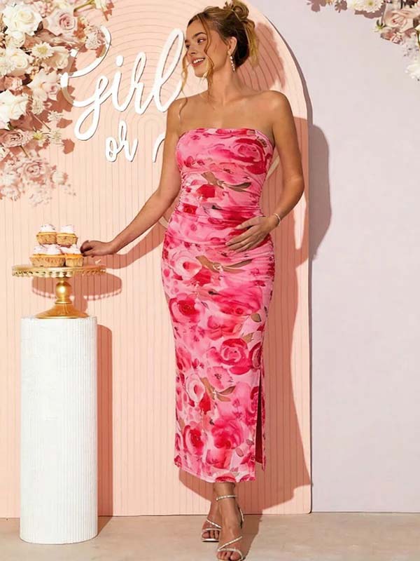 Mumsmode Chique Roze Bloemenprint Bandeau Bodycon Zijsplit Babyshower Zwangerschaps Maxi Jurk