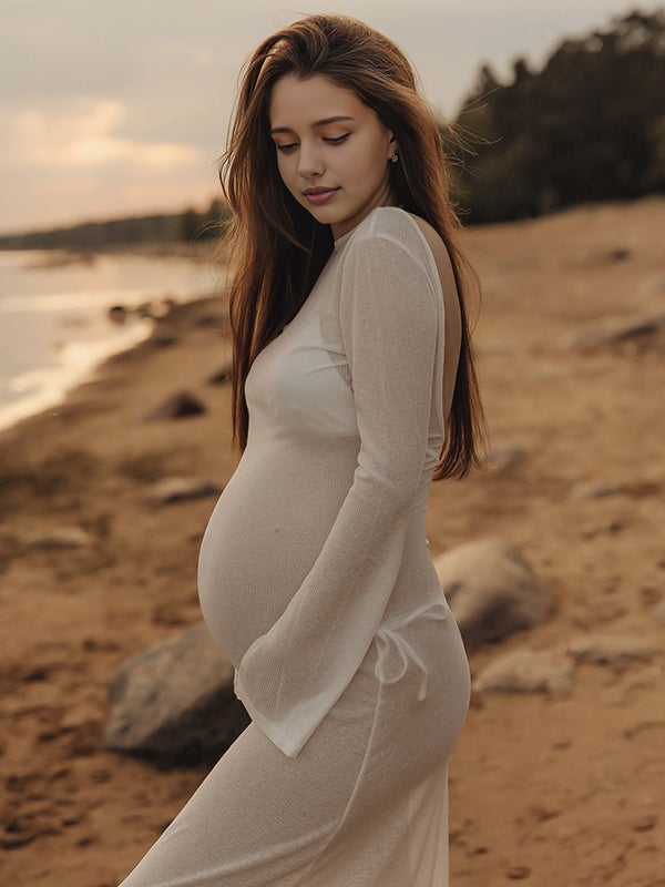 Mumsmode Zwangerchaps Maxijurk Rugloos Fotoshoot Strand Elegant Wit