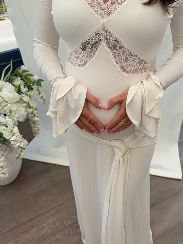 Mumsmode Maxi Babyshower Zwangerschapsjurk Kant Ruches Flare Mouwen Elegante Jurk Fotoshoot Gender Reveal