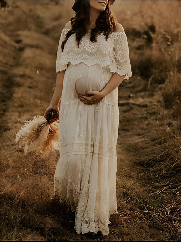 Mumsmode Zwangerschaps Zoete Fotoshoot  Maxi Jurk Boheemse Off Shoulder Veter Ruches