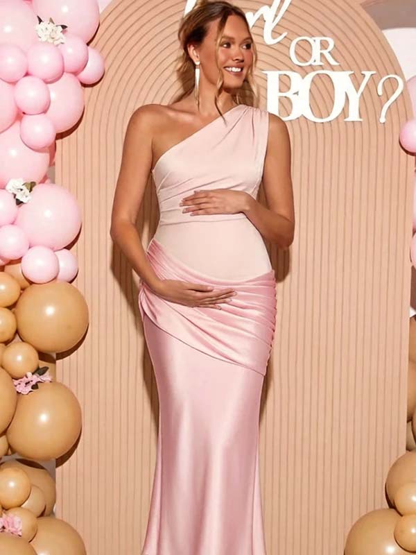 Mumsmode Zwangerschaps Maxi Babyshower Jurk Chique Een Open Schouder Patchwork Satijn Zeemeermin
