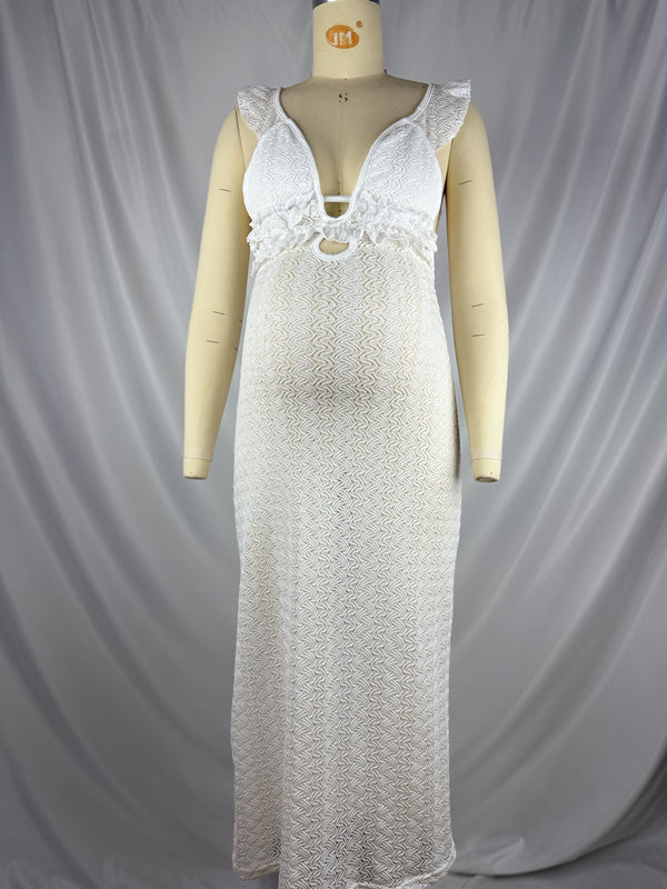 Mumsmode Zwangerchaps Maxi Fotoshoot Jurk Elegant Rugloos Breien V-hals Wit