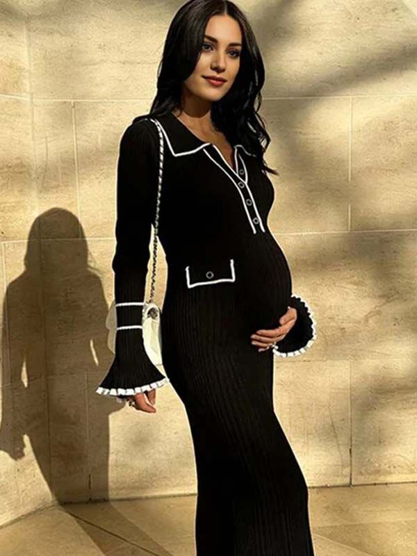 Mumsmode Zwangerschaps Maxi Bodycon Jurk Elegant Werk Ruches Enkele Borst Zakken