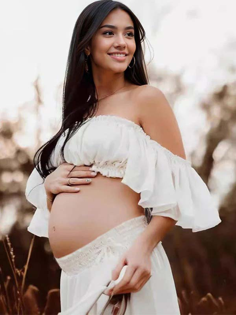 Mumsmode Bohemian Zwangerschaps Tweedelige Set Maxi Jurk Off-Shoulder Rugloos Ruches Fotoshoot