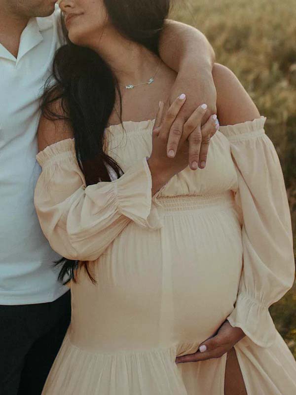 Mumsmode Zwangerchaps Fotoshoot Jurken Elegante Daily Zijsplit Ruches Gekreukt Maxi Jurken