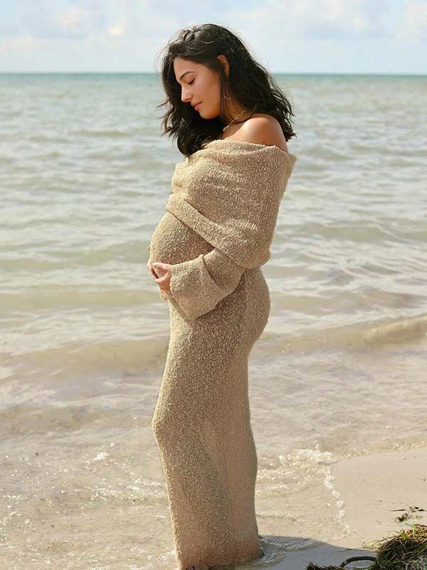 Mumsmode Zwangerchap Bodycon Jurken Elegant Fotoshoot Vakantie Knit harig Gekreukt Maxi Jurken
