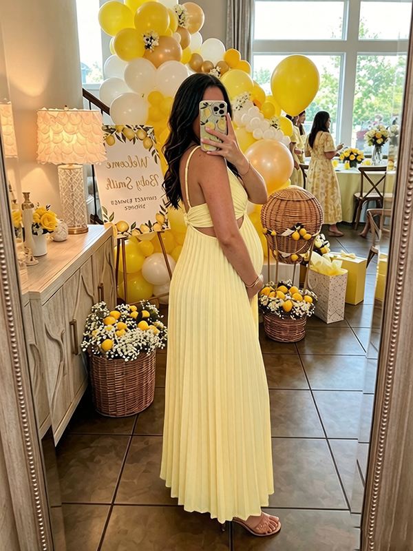 Elegante Gele Zwangerschaps Maxi Jurk Geplooid Cut-Out Zwierige Rok