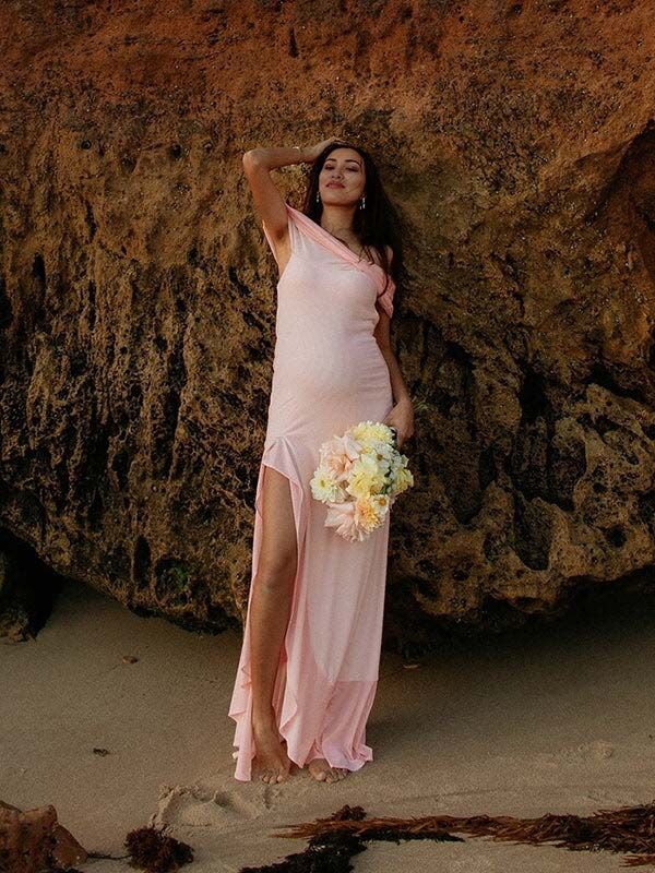 Mumsmode Zwangerschaps Maxi Cocktailjurk Zijsplit Ruches Off Shoulder Fotoshoot