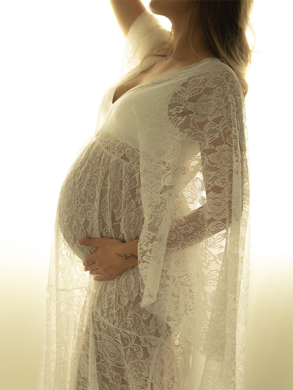 Mumsmode Zwangerchaps Maxi Fotoshoot Jurken Boho Bloemenpatroon Kanten V-rug Hals Flare Mouw Wit