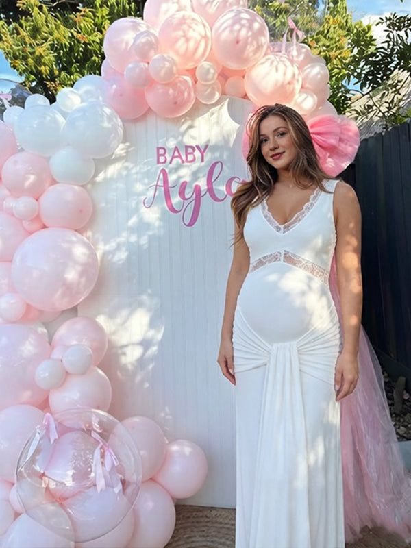 Mumsmode Elegant Kanten Patchwork Vloeiend Lintje Gedrapeerd Babyshower Zwangerschaps Maxi Jurk