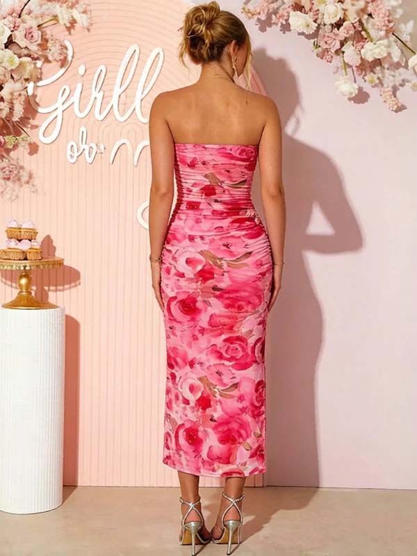 Mumsmode Chique Roze Bloemenprint Bandeau Bodycon Zijsplit Babyshower Zwangerschaps Maxi Jurk