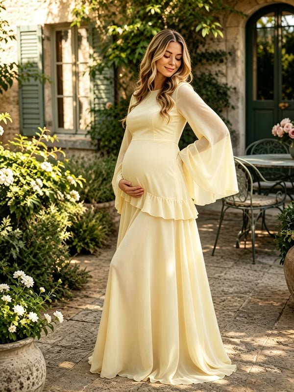 Elegante Chiffon Zwangerschaps Maxi Jurk Ruffles Uitlopende Mouwen