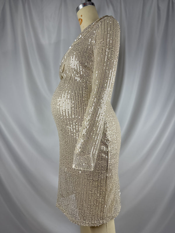 Mumsmode Zwangerchaps Korte Fotoshoot Elegant Jurken Pailletten Een Open Schouder Abrikoos