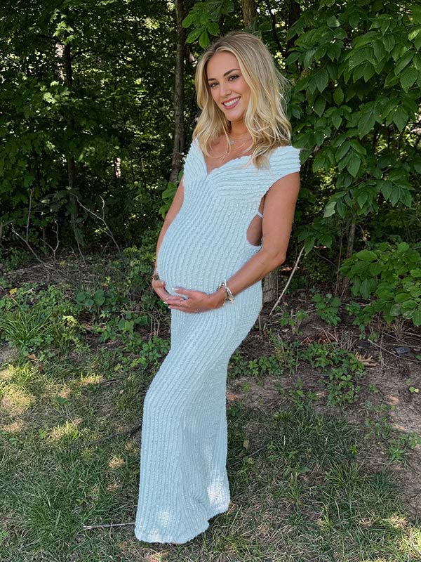 Mumsmode Zwangerschaps Maxi Babyshower Jurk Chique Gekreukt Rugloos Off Shoulder Blauw