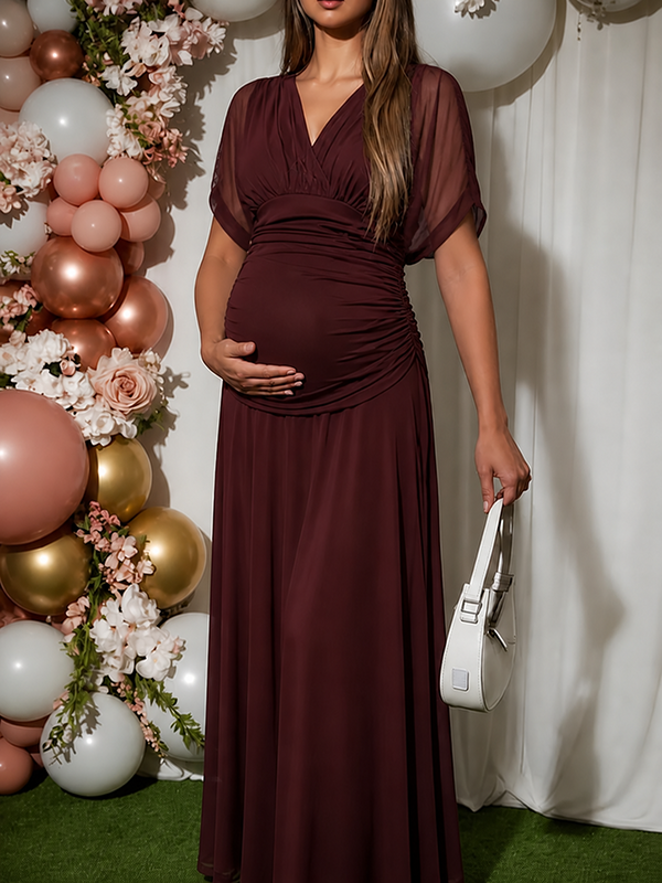 Mumsmode Elegant Tule Gekreukt Off Shoulder Vloeiend Babyshower Zwangerschaps Maxi Jurk