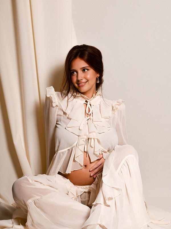 Mumsmode Zwangerschapsblouse Zwangerschapsbroeken Fotoshoot Chique 2-in-1 Ruches Chiffon