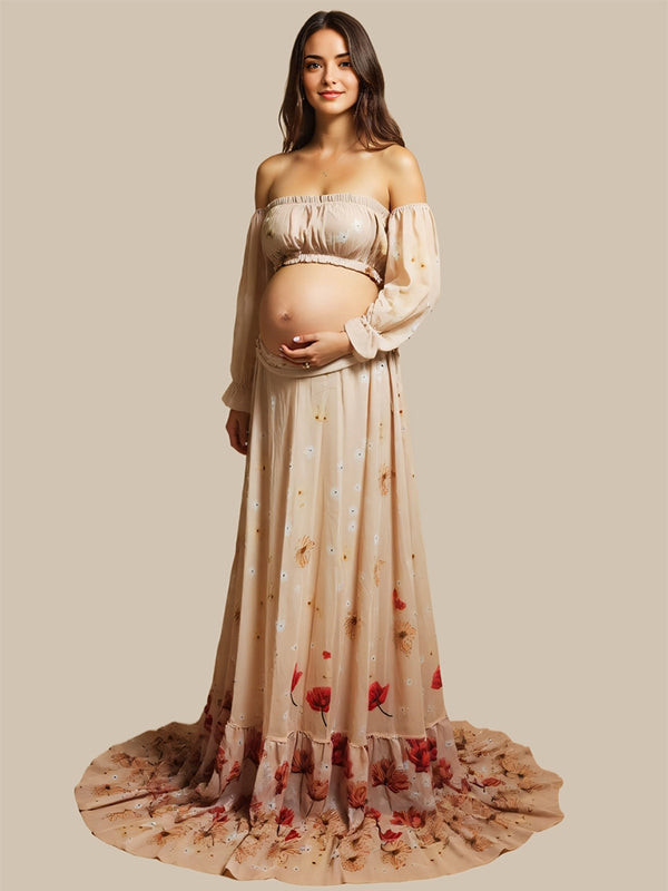 Mumsmode Zwangerchaps Fotoshoot Jurken Elegante 2-in-1 Zijsplit Bloemenprint  Ruches Maxi Jurken