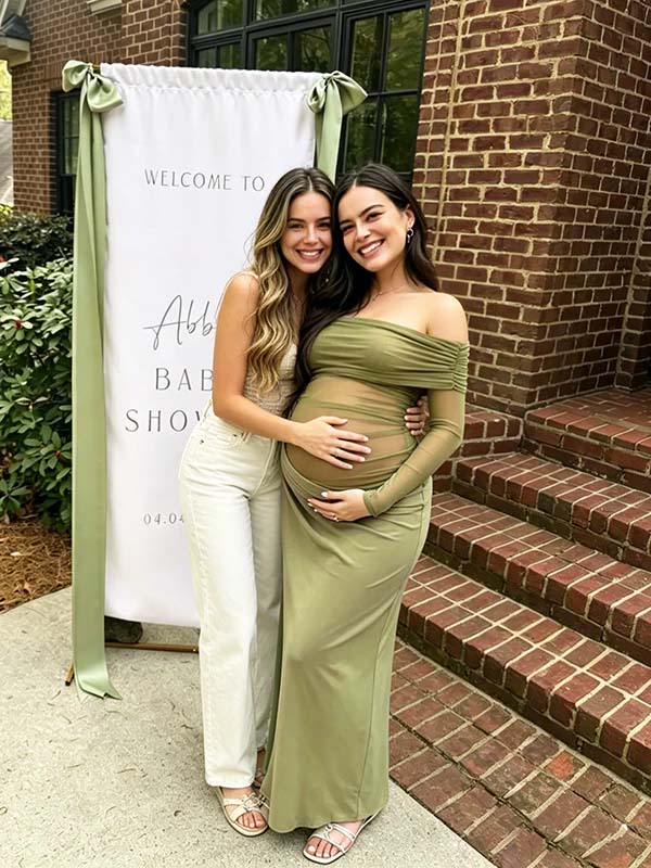 Groene Zwangerschaps Maxi Jurk Tule Off-Shoulder Lange Mouwen Bodycon