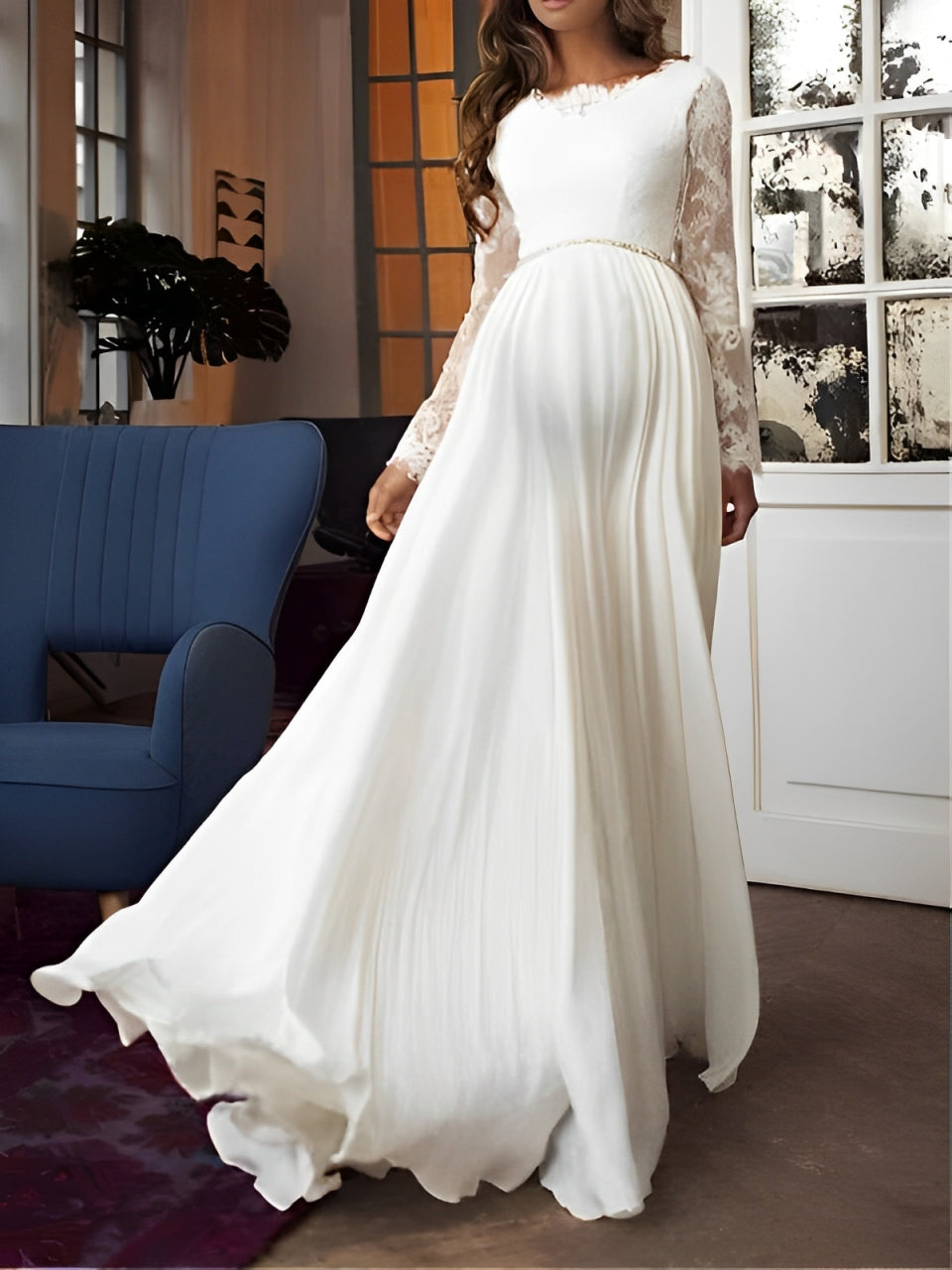 Mumsmode Zwangerschaps Elegante Kanten Bruiloftsjurk Open Rug V-hals Maxi Lengte Fotoshoot Jurk