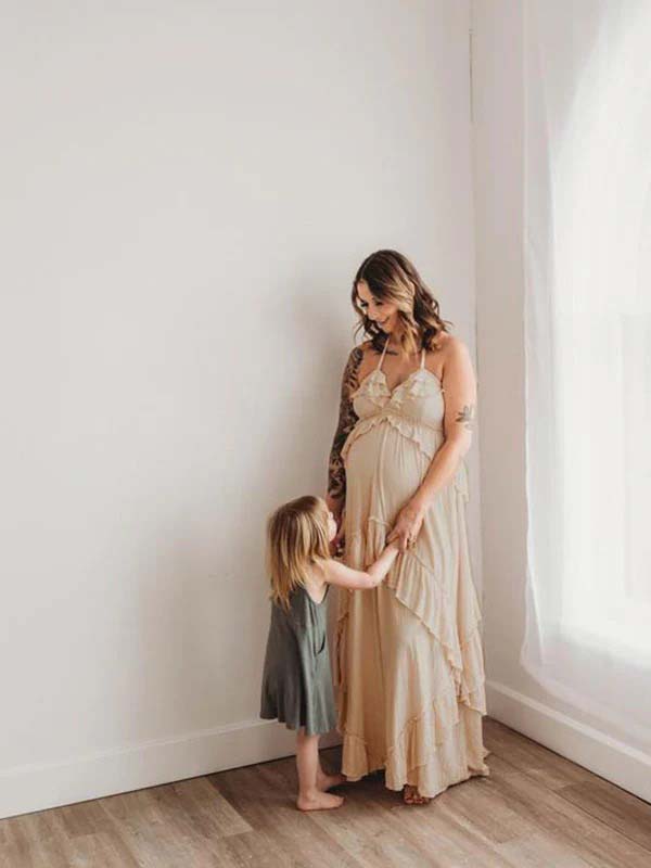 Mumsmode Zwangerchap Fotoshoot Jurken Boheems Fotoshoot Onregelmatig Ruches Rugloos Gedrapeerd Spaghetti Maxi Jurken