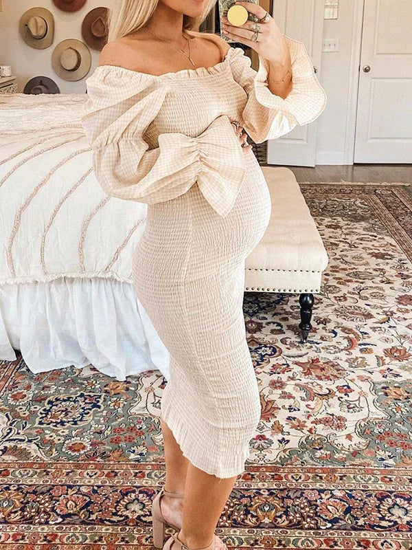 Mumsmode Zwangerschaps Babyshower Gender Reveal Feestjurk Off-shoulder Bodycon