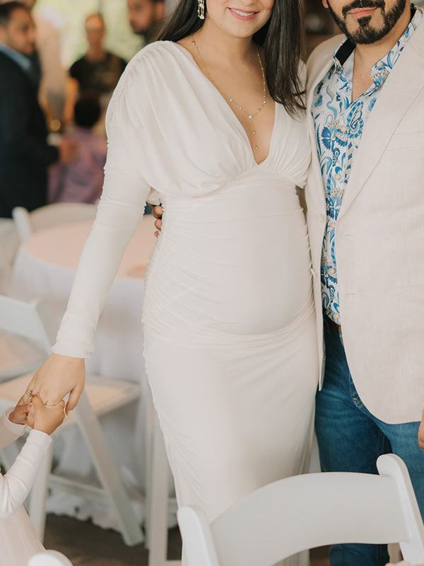 Mumsmode Babyshower Bruiloft Gast Maxi Zwangerschapsjurk Bodycon Chique Gekreukt Diepe Halslijn