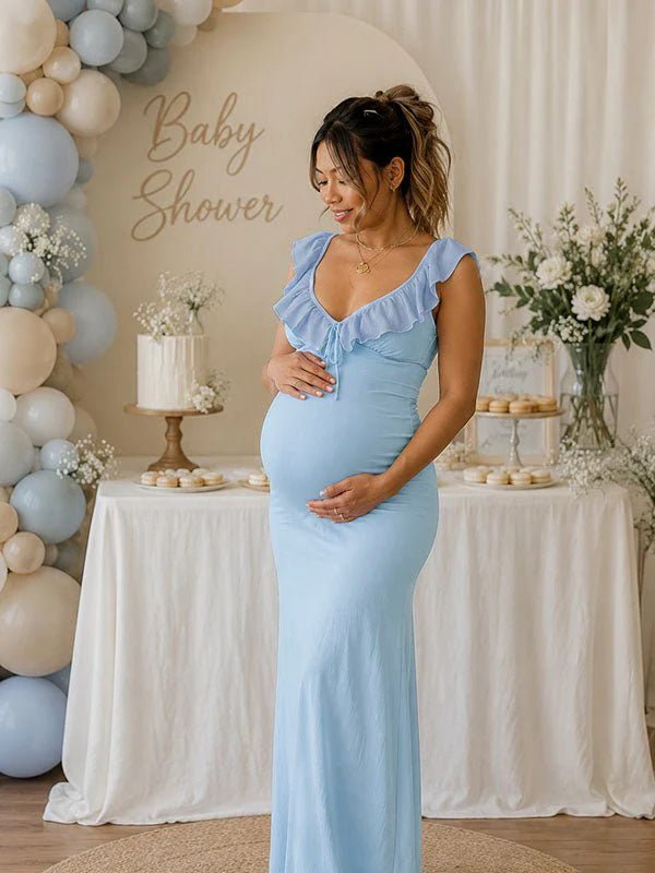 Elegante Blauwe Ruches Bodycon Rugloos Vetersluiting Zwangerschaps Maxi Jurk