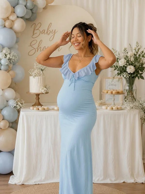 Elegante Blauwe Ruches Bodycon Rugloos Vetersluiting Zwangerschaps Maxi Jurk