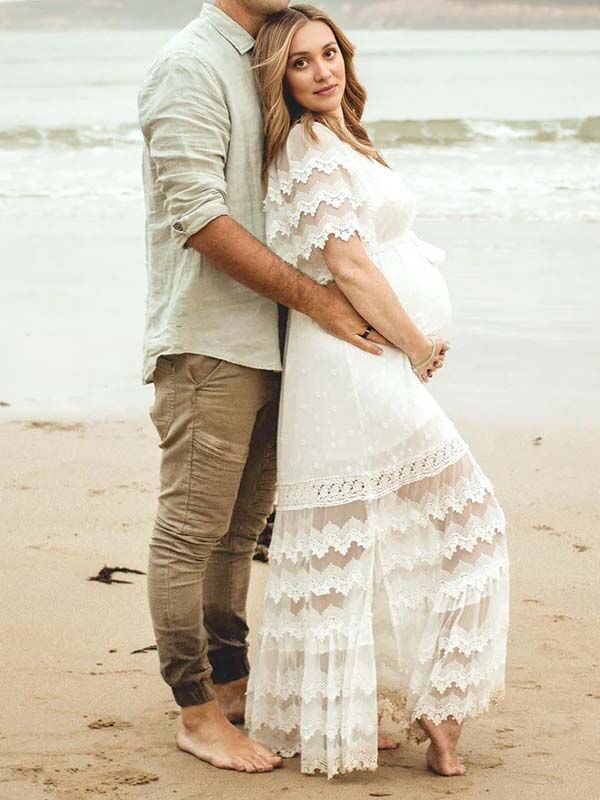Mumsmode Zwangerchaps Maxi Fotoshoot Jurk Boheems Kanten Rugloos Kwasten V-hals Wit