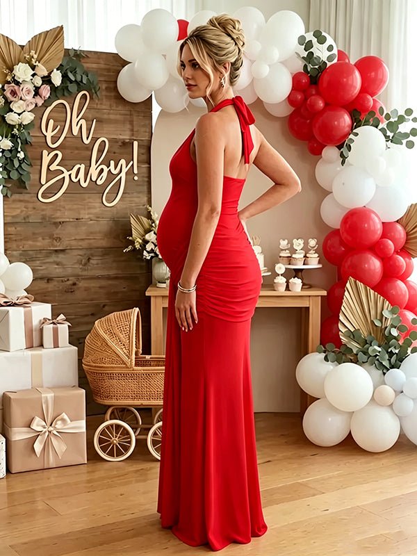 Zwangerschaps Maxi Jurk Bodycon Gedrapeerd Halterhals Rugloos