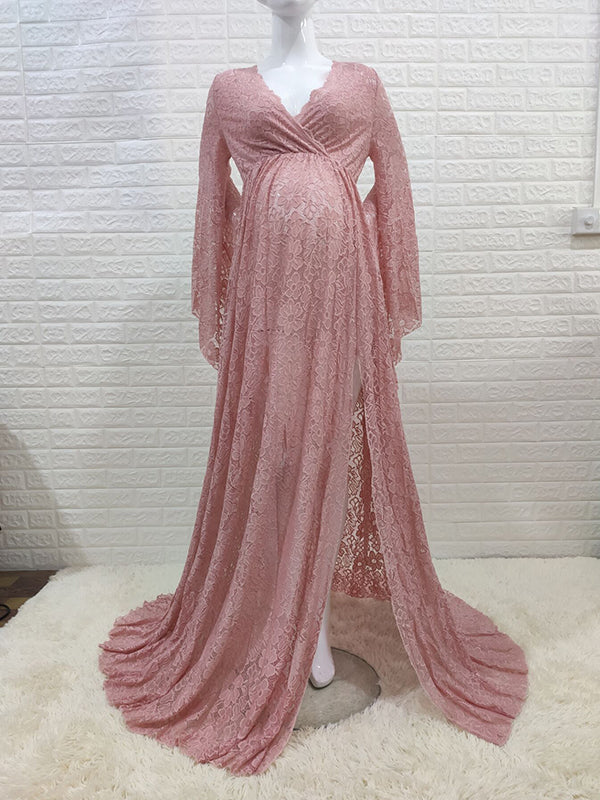 Mumsmode Zwangerchaps Maxi Fotoshoot Jurken Elegant Boheems Kanten Zijsplit Flare Mouw