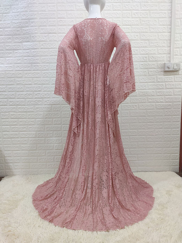 Mumsmode Zwangerchaps Maxi Fotoshoot Jurken Elegant Boheems Kanten Zijsplit Flare Mouw