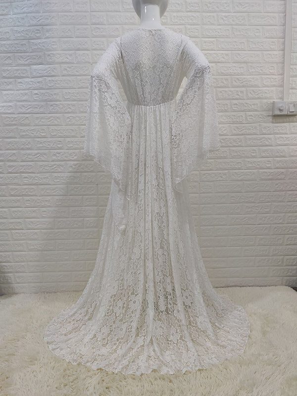 Mumsmode Zwangerchaps Maxi Fotoshoot Jurken Elegant Boheems Kanten Zijsplit Flare Mouw
