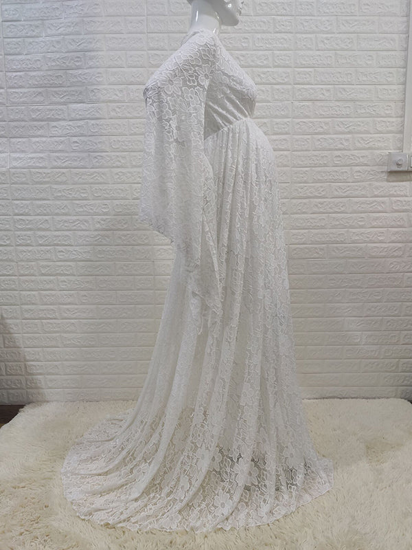 Mumsmode Zwangerchaps Maxi Fotoshoot Jurken Elegant Boheems Kanten Zijsplit Flare Mouw