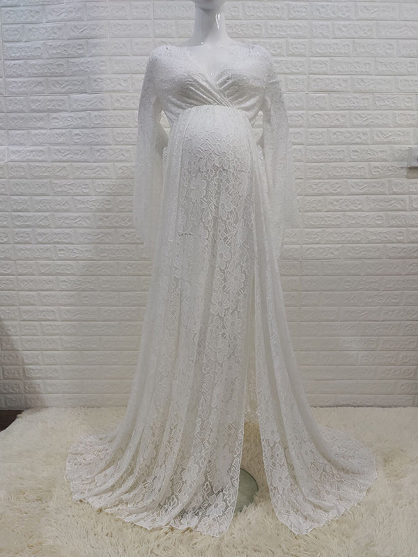 Mumsmode Zwangerchaps Maxi Fotoshoot Jurken Elegant Boheems Kanten Zijsplit Flare Mouw