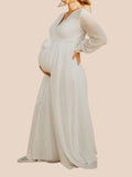 Mumsmode Zwangerchaps Fotoshoot Jurken Maxi Babyshower Riem Lange Mouw V-hals Wit