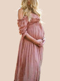 Mumsmode Ruche Off Shoulder BabyShower Gedrapeerd Boho Elegant Zwangerschaps Maxi Jurk