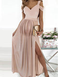 Mumsmode Zwangerchaps Maxi Jurken Avond Elegant Geplooid Off Shoulder Zijsplit Roze