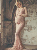 Mumsmode Zwangerchaps Fotoshoot Roze Kanten Zeemeermin Bodycon Maxi Jurk Elegant Mode