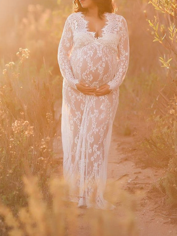 Mumsmode Zwangerchaps Maxi Fotoshoot Jurken Elegant  Kanten Borduursel V-hals Wit Boheems