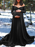 Mumsmode Zwangerchaps Maxi Fotoshoot Jurken Off Shoulder Gekreukt Vloerlengte Elegant