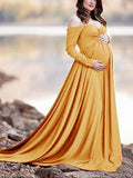 Mumsmode Zwangerchaps Maxi Fotoshoot Jurken Off Shoulder Gekreukt Vloerlengte Elegant