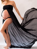 Mumsmode Eenkleurig Bandeau Gedrapeerd Spleet Voor Fotoshoot Zwangerschaps Maxi Jurk Elegant