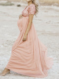 Mumsmode Zwangerchaps Maxi Fotoshoot Jurken Elegant Pailletten Tule Roze BabyShower