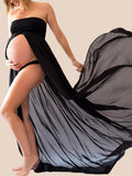 Mumsmode Eenkleurig Bandeau Gedrapeerd Spleet Voor Fotoshoot Zwangerschaps Maxi Jurk Elegant