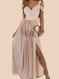 Mumsmode Zwangerchaps Maxi Jurken Avond Elegant Geplooid Off Shoulder Zijsplit Roze