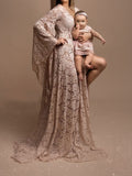 Mumsmode Zwangerchaps Maxi Fotoshoot Jurken Elegant Boheems Kanten Zijsplit Flare Mouw